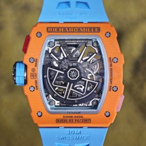 Richard Mille RM35-03 Salmon Yellow, customized Parmigiani movement, all functions are authentic and usable, with a deployable butterfly rotor, customized imported carbon fiber case, paired with a blue natural rubber strap. - Image 19