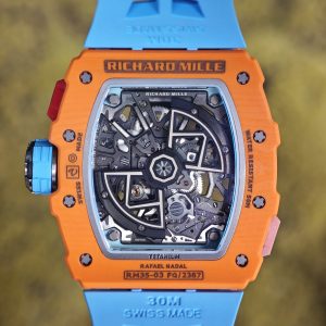 Richard Mille RM35-03 Salmon Yellow, customized Parmigiani movement, all functions are authentic and usable, with a deployable butterfly rotor, customized imported carbon fiber case, paired with a blue natural rubber strap. - Image 20