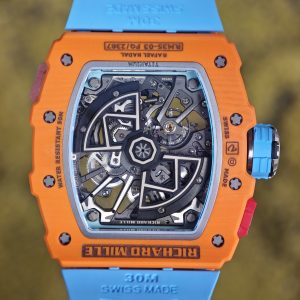 Richard Mille RM35-03 Salmon Yellow, customized Parmigiani movement, all functions are authentic and usable, with a deployable butterfly rotor, customized imported carbon fiber case, paired with a blue natural rubber strap. - Image 21