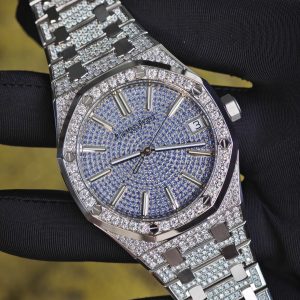 Customized counterweight full diamond AP15512bc, case and strap with Swiss craftsmanship inlaid with diamonds, customized blue full diamond dial, equipped with substitute hands and date, non card degree 4302 integrated movement - Image 6