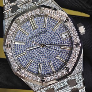 Customized counterweight full diamond AP15512bc, case and strap with Swiss craftsmanship inlaid with diamonds, customized blue full diamond dial, equipped with substitute hands and date, non card degree 4302 integrated movement - Image 9